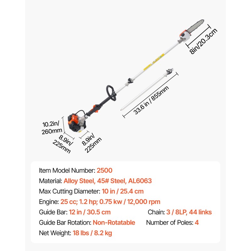 Bensiinikäyttöinen jatkovartinen oksasaha 25 cm3 2-tahtinen 20,3 cm laippa 2–2,74 m