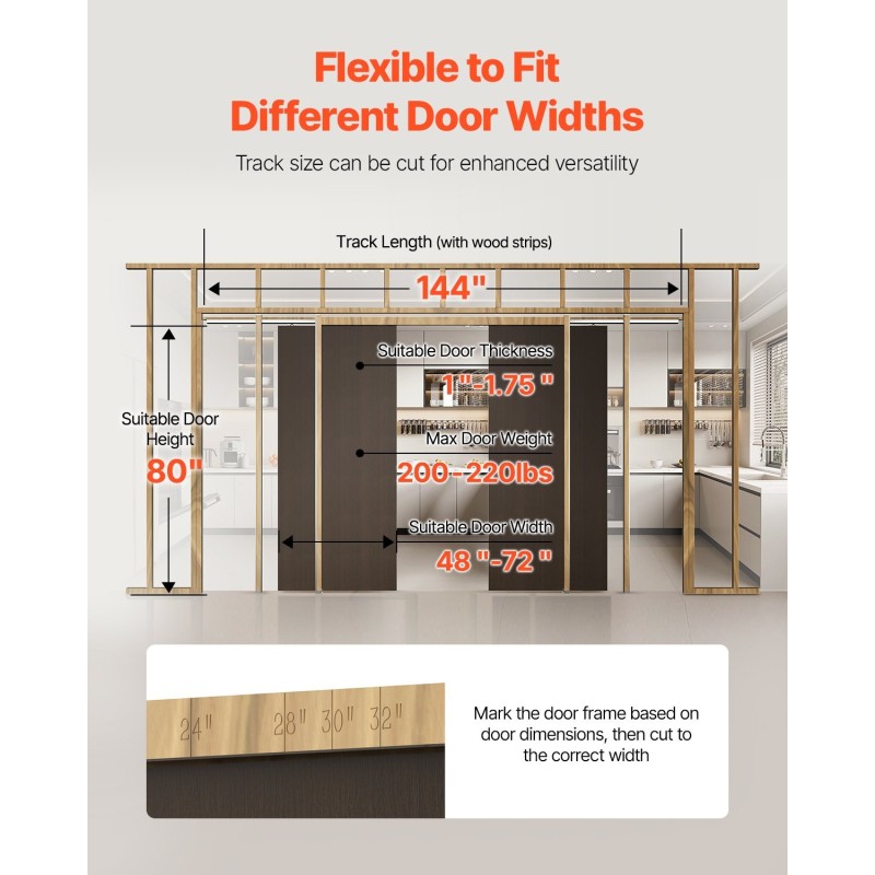 Liukuoven karmipaketti puu ja teräsrakenne säädettävä 1219–1829 mm kaksisuuntainen pehmeä sulkeutuminen makuuhuoneisiin