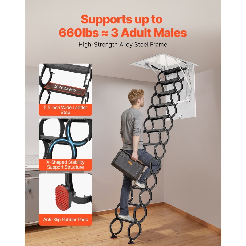 Alasvedettävät ullakkotikkaat teräs alumiini puu 3,2–3,35 m 299 kg kantavuus