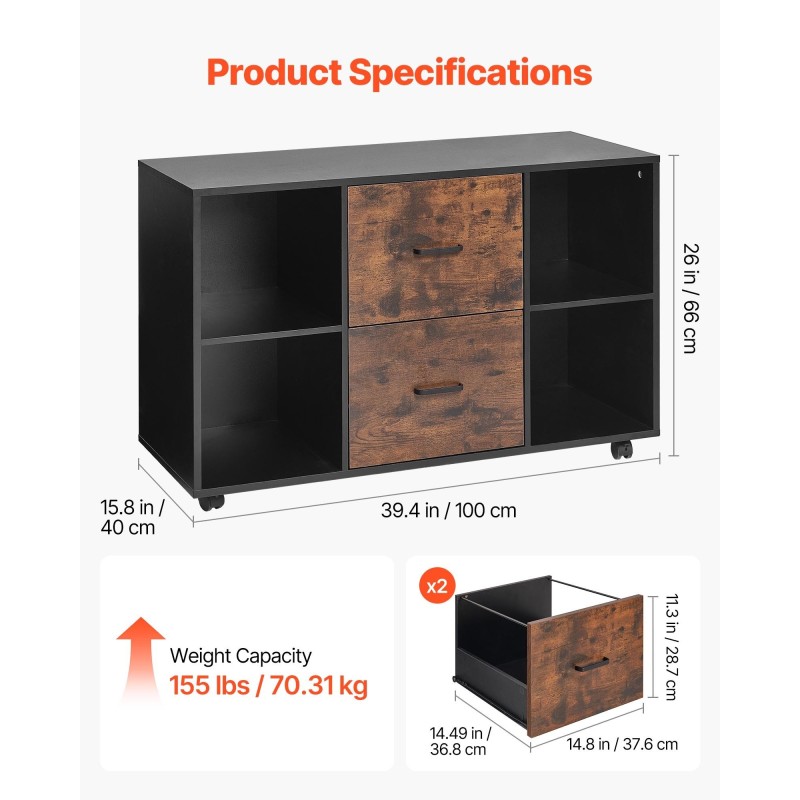 Arkistokaappi lastulevyinen melamiinipintainen musta 2 laatikkoa 4 lokeroa lukittavat pyörät