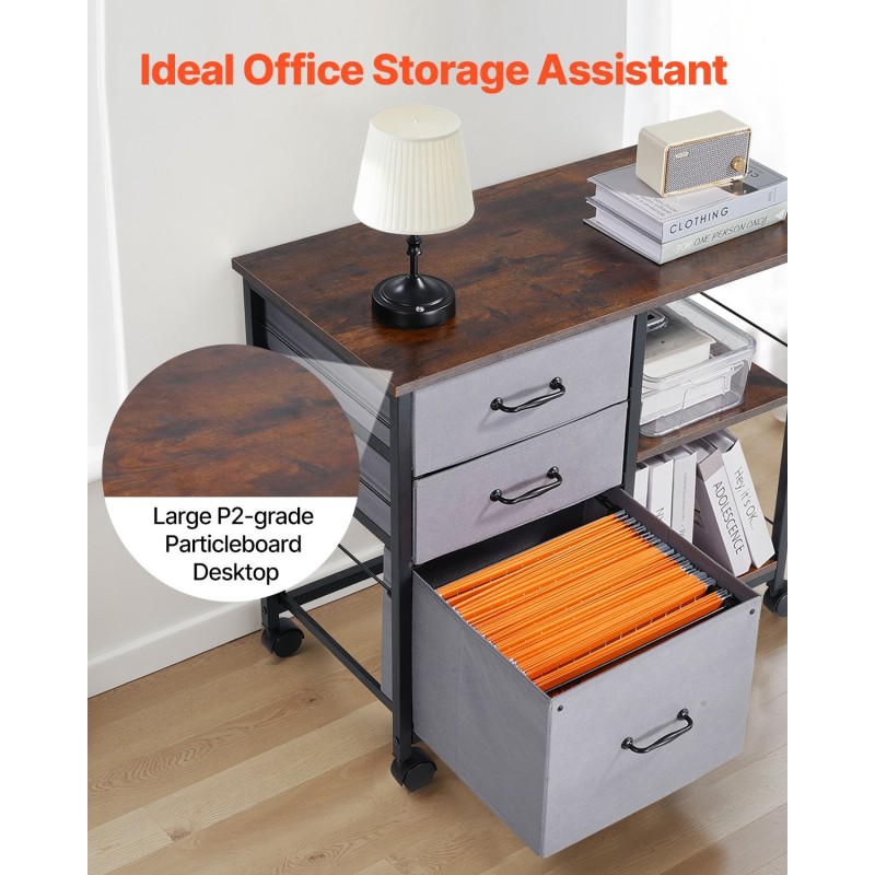 Metallinen arkistokaappi kolme kangaslaatikkoa kaksi avohyllyä puinen taso pyörillä