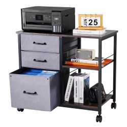 Metallinen arkistokaappi kolme kangaslaatikkoa kaksi avohyllyä puinen taso pyörillä