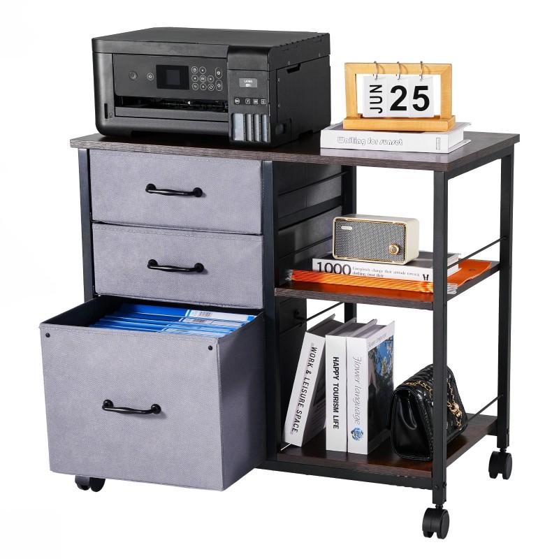 Metallinen arkistokaappi kolme kangaslaatikkoa kaksi avohyllyä puinen taso pyörillä