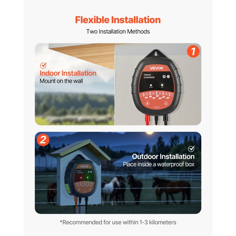 Sähköpaimenen laturi 1 J ulostulo ABS-muovi IP65-suojaus 1–3 km vaihtovirta tasavirta aurinkosähkö