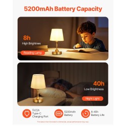 Johdoton pöytävalaisin 5200mAh akulla kangasvarjostin kolmitasoinen himmennin elektrolyyttipinnoitettu runko