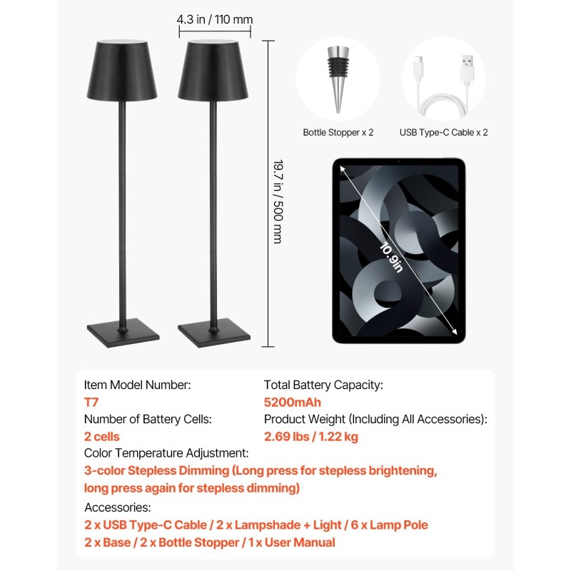 Langaton pöytävalaisin 2 kpl ladattava 5200 mAh akku 3 säädettävää korkeutta 3000–6500K