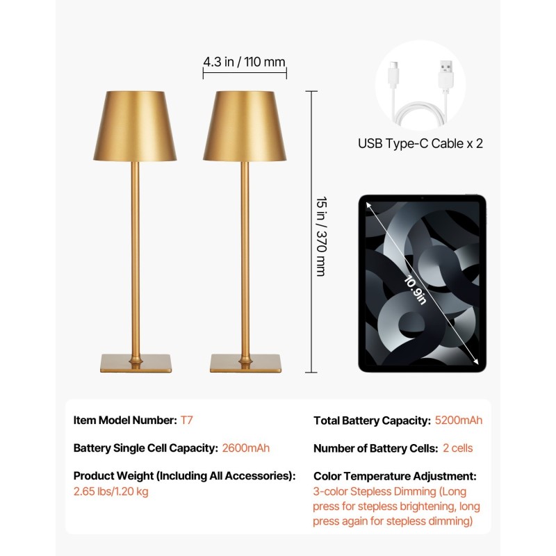 Pöytävalaisin ladattava akku 5200mAh 2 kpl kolmivärinen portaaton himmennys