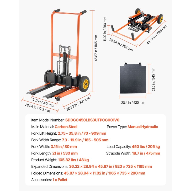 Materiaalinostovaunu hydraulinen käsikäyttöinen 205 kg hiiliteräs taittuva nostokorkeus 900 mm