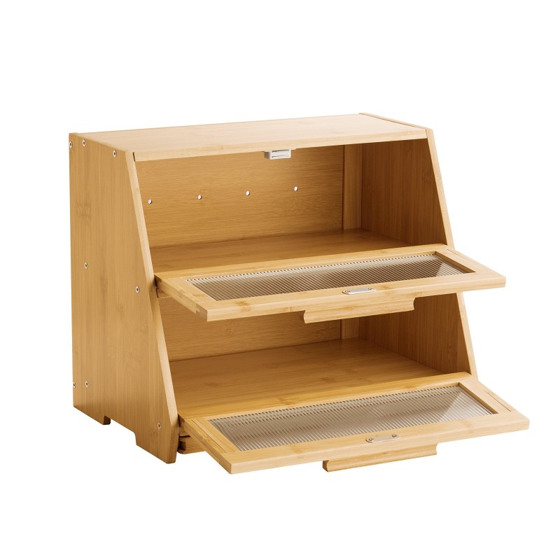 Bambupuinen kaksikerroksinen leipälaatikko sisältää leikkuulaudan ja leipäveitsen