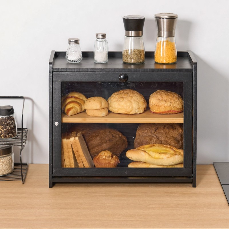 Leipälaatikko kaksikerroksinen bambuinen musta säädettävä sisäjakaja akryyliovi