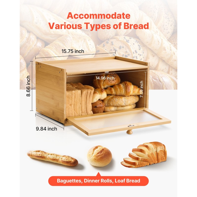Leipälaatikko bambupuusta 400x250x220 mm yksikerroksinen pinottava luonnonsävyinen aaltokuvioitu akryyliovi magneettikansi