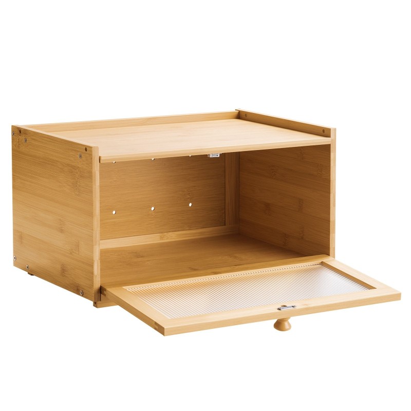 Leipälaatikko bambupuusta 400x250x220 mm yksikerroksinen pinottava luonnonsävyinen aaltokuvioitu akryyliovi magneettikansi