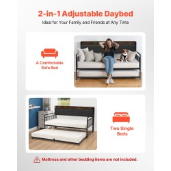 Päivävuode metallirunkoinen kaksitoiminen 196x115 cm musta sisäänrakennetulla latausasemalla