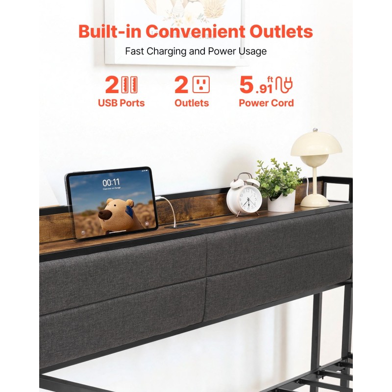 Päivävuode metallirunkoinen kaksitoiminen 196x115 cm musta sisäänrakennetulla latausasemalla