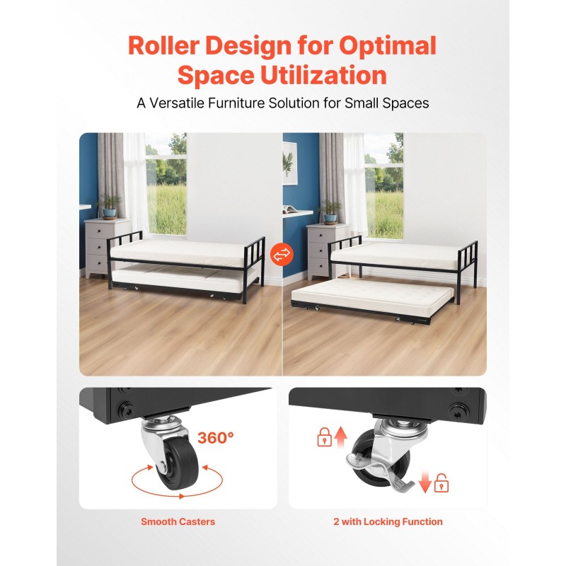 Metallinen daybed-runko musta muunneltava parivuode tai kaksi yhden hengen sänkyä