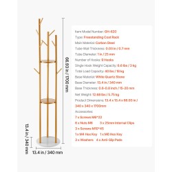 Vapaasti seisova hiiliteräksinen naulakko 9 koukkua valkoinen kvartsikivijalusta 170 cm