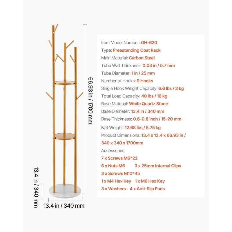 Vapaasti seisova hiiliteräksinen naulakko 9 koukkua valkoinen kvartsikivijalusta 170 cm
