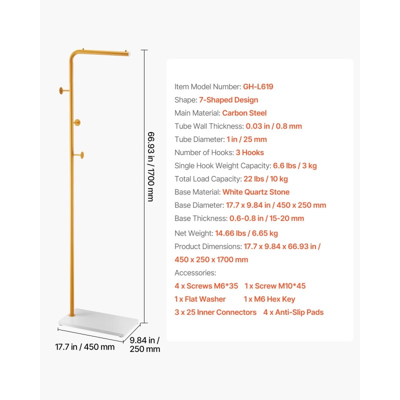 Vapaasti seisova vaateteline hiiliteräsrunko kvartsikivijalusta 3 koukkua 170 cm