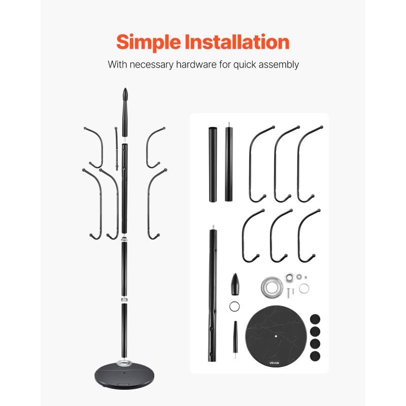 Itseseisova naulakko hiiliteräksinen runkoputki musta marmorijalusta kuusi koukkua kompakti eteiseen