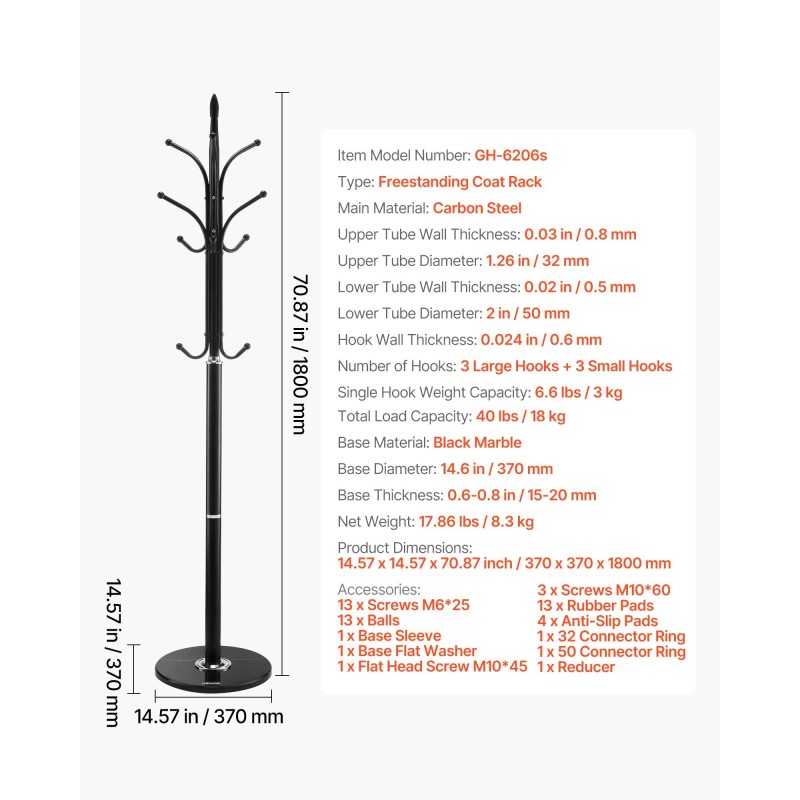 Itseseisova naulakko hiiliteräksinen runkoputki musta marmorijalusta kuusi koukkua kompakti eteiseen
