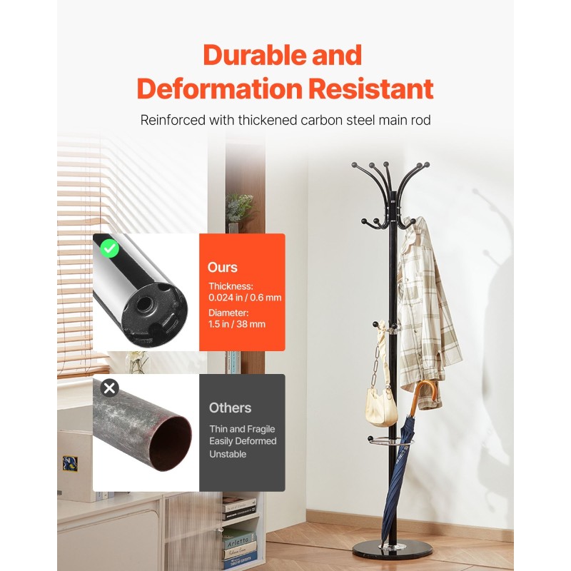 Naulakko hiiliteräsrunko musta marmorijalusta 14 koukkua sateenvarjotelineellä eteiseen