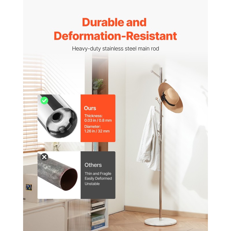 Vapaasti seisova naulakko ruostumaton teräsrunko valkoinen marmorialusta 8 porrastettua koukkua 173 cm