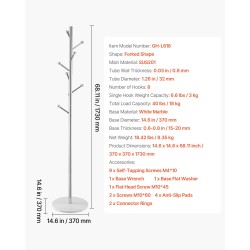 Vapaasti seisova naulakko ruostumaton teräsrunko valkoinen marmorialusta 8 porrastettua koukkua 173 cm