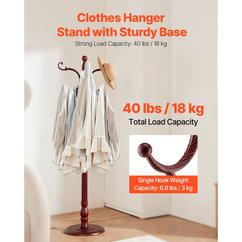 Vapaasti seisova koivupuinen naulakko 11 koukkua 176 cm painotetulla puupohjalla