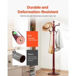 Vapaasti seisova koivupuinen naulakko 11 koukkua 176 cm painotetulla puupohjalla