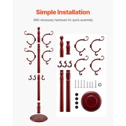 Vapaasti seisova koivupuinen naulakko 11 koukkua 176 cm painotetulla puupohjalla