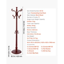 Vapaasti seisova koivupuinen naulakko 11 koukkua 176 cm painotetulla puupohjalla