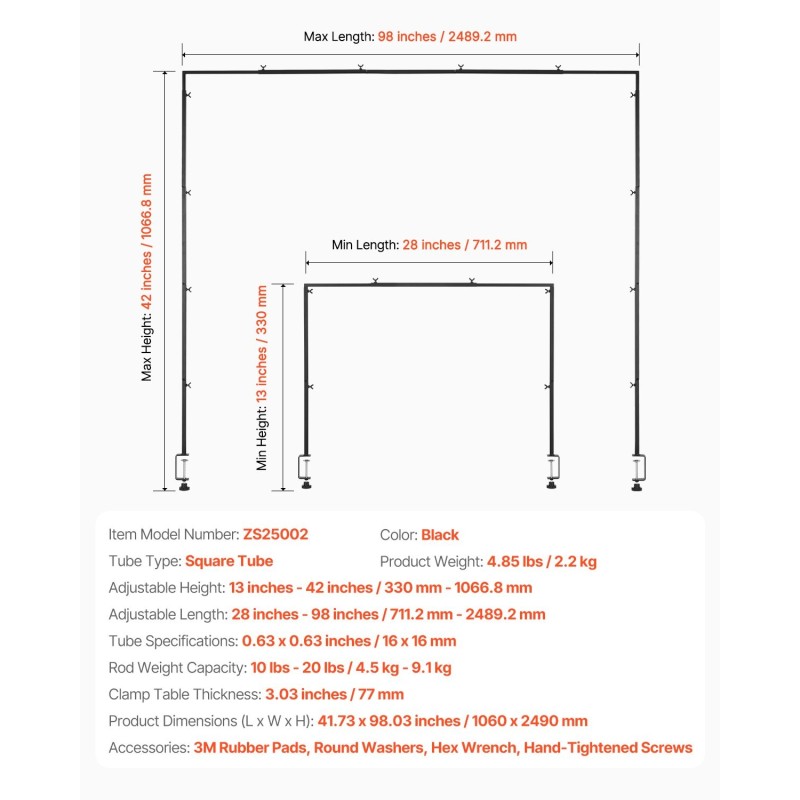 Metallinen pöytäkaari pöytään kiinnitettävä säädettävä pituus ja korkeus musta