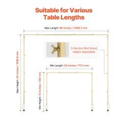 Pöytäkaariteline teräs neliöputki säädettävä pituus 71–249 cm korkeus 33–106 cm puristimilla