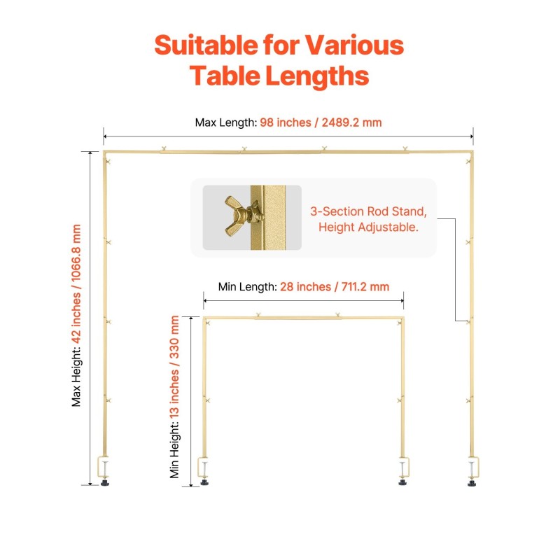 Pöytäkaariteline teräs neliöputki säädettävä pituus 71–249 cm korkeus 33–106 cm puristimilla