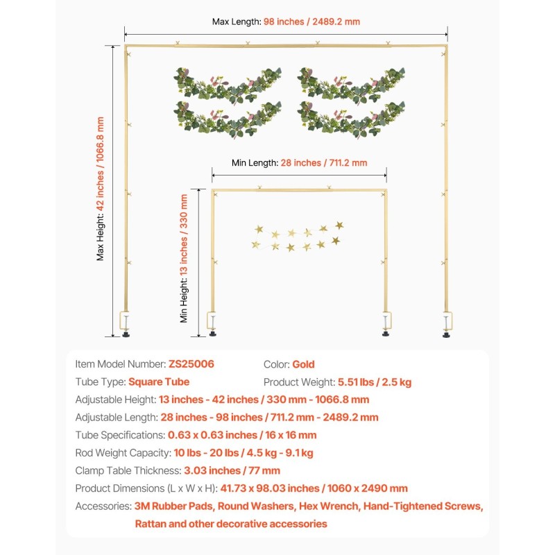 Pöytäkaariteline teräs neliöputki säädettävä pituus 71–249 cm korkeus 33–106 cm puristimilla
