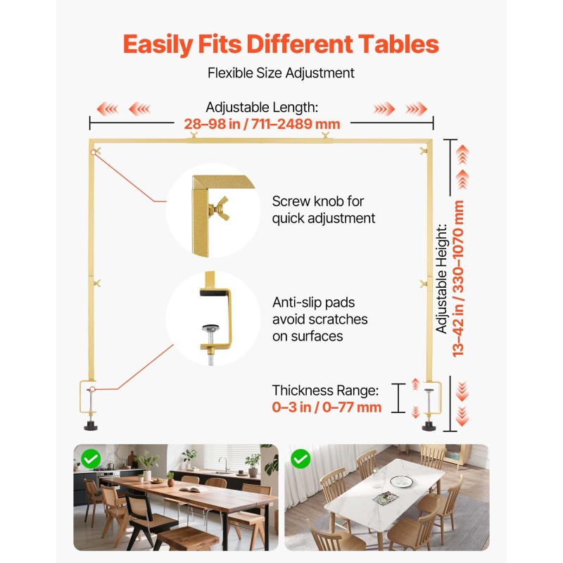 Pöydän yläpuolinen kaariteline juhliin Q235-teräs säädettävä 711–2489 mm sopii 0–77 mm