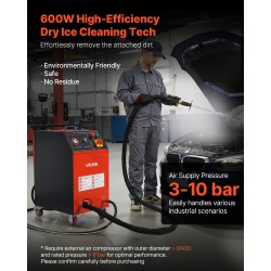 Kuivajääpuhalluskone pyörillä liikuteltava 7,5 kg kapasiteetti 0–3,2 kg/min syöttö 4 vaihdettavaa suutinta