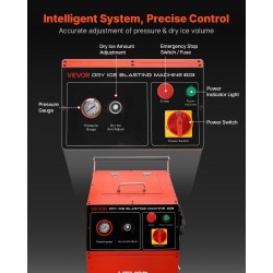Kuivajääpuhalluskone pyörillä liikuteltava 7,5 kg kapasiteetti 0–3,2 kg/min syöttö 4 vaihdettavaa suutinta