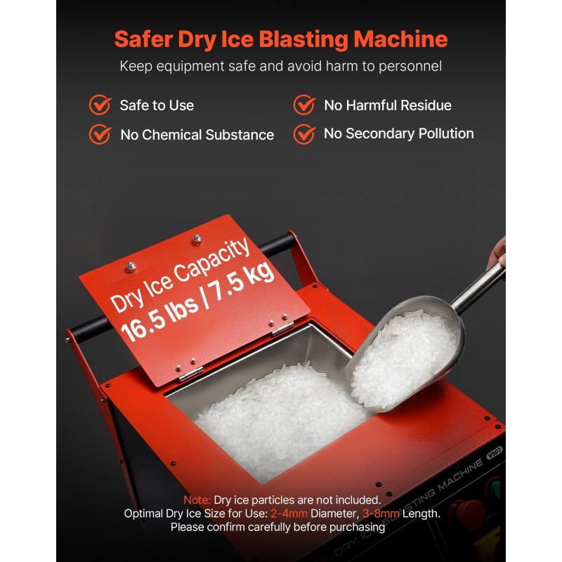 Kuivajääpuhalluskone pyörillä liikuteltava 7,5 kg kapasiteetti 0–3,2 kg/min syöttö 4 vaihdettavaa suutinta