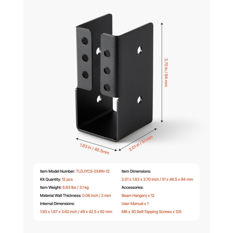 Teräspalkkikannatin piilokiinnitteinen 49 x 92 mm 2x4 puupalkille säänkestävä 12 kpl