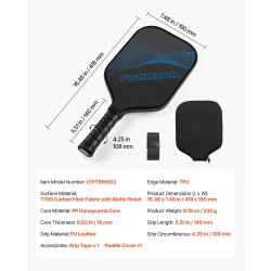 Pickleball-maila T700-hiilikuitupinta PP-hunajakennoinen ydin PU-kahva leveä lapa