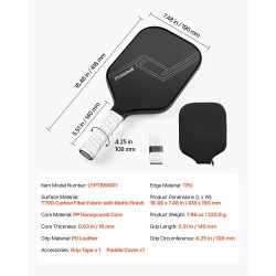Pickleball-maila T700-hiilikuitupinnalla PP-hunajakennoytimellä PU-nahkakahvalla TPU-reunussuojalla sisä- ja ulkokentille