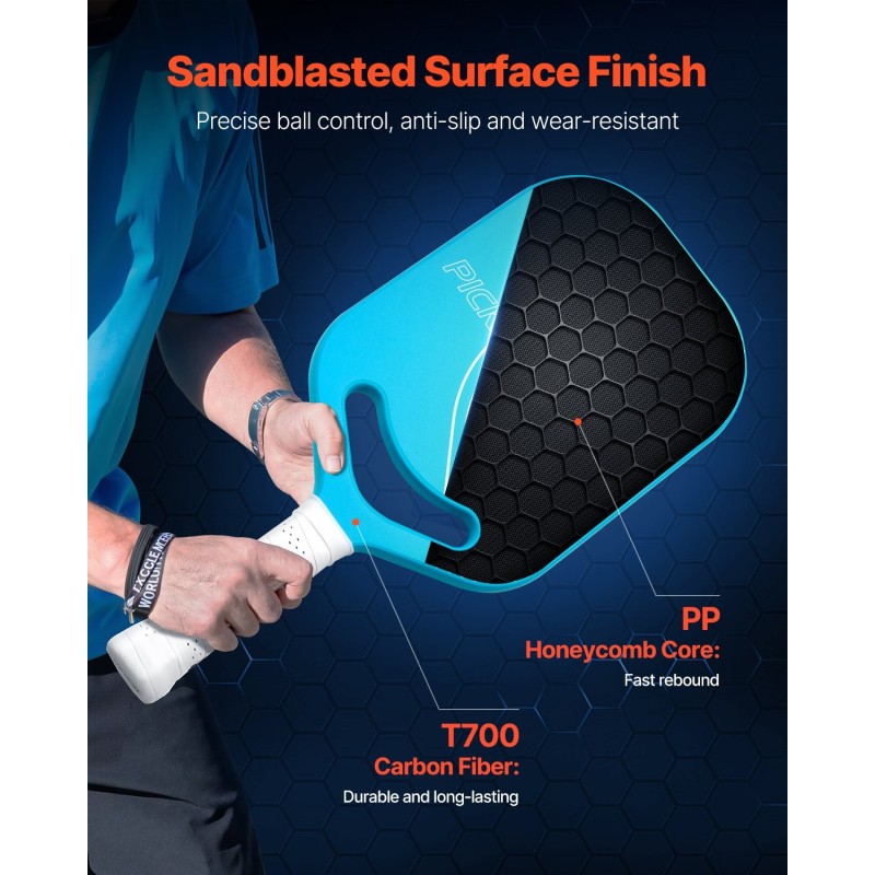 Pickleball-maila T700-hiilikuitupinnalla PP-kennorunko termomuovattu rakenne PU-grippi sisä- ja ulkokäyttöön