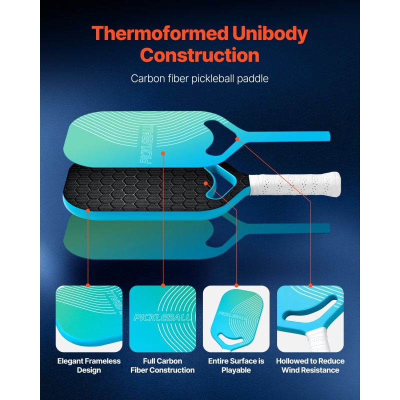 Pickleball-maila T700-hiilikuitupinnalla PP-kennorunko termomuovattu rakenne PU-grippi sisä- ja ulkokäyttöön