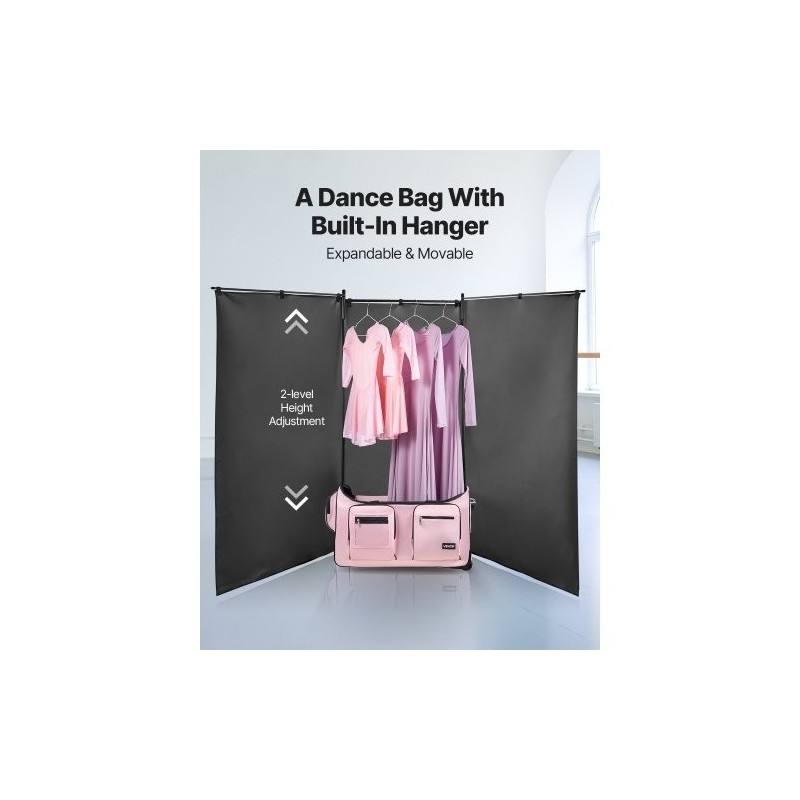 Rullattava tanssikassi 600D kangas PU1000 vesitiivis 29 tuumaa vaateripustimella pyörillä USB-portilla vaaleanpunainen