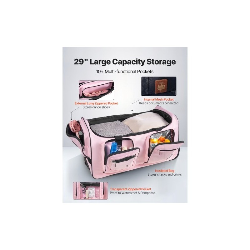 Rullattava tanssikassi 600D kangas PU1000 vesitiivis 29 tuumaa vaateripustimella pyörillä USB-portilla vaaleanpunainen