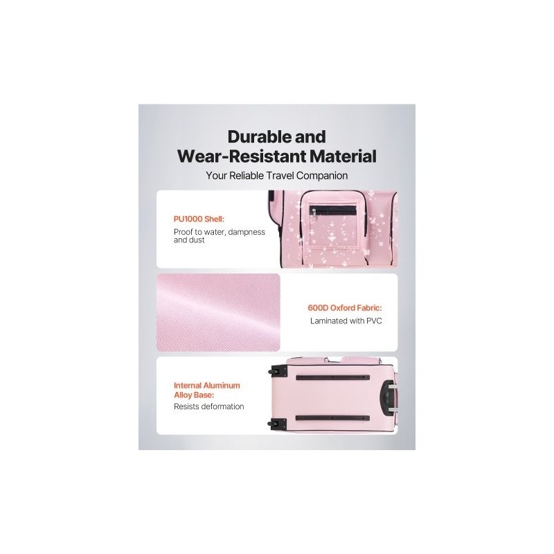 Rullattava tanssikassi 600D kangas PU1000 vesitiivis 29 tuumaa vaateripustimella pyörillä USB-portilla vaaleanpunainen