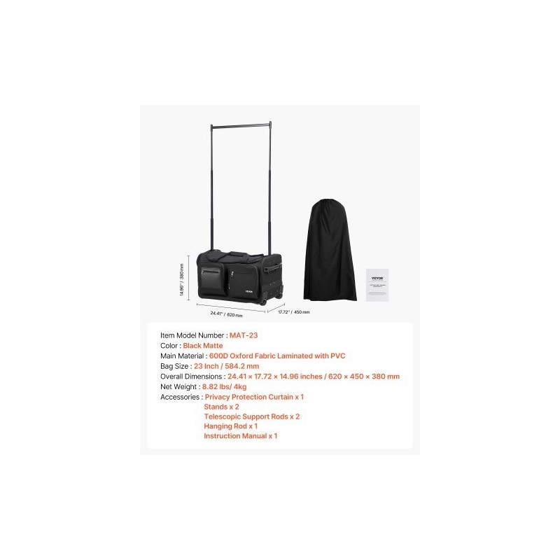 Tanssikassi 600D-kangas PU1000-vesitiivis 23 tuuman musta pyörillä korkeussäädettävällä vaatetelineellä