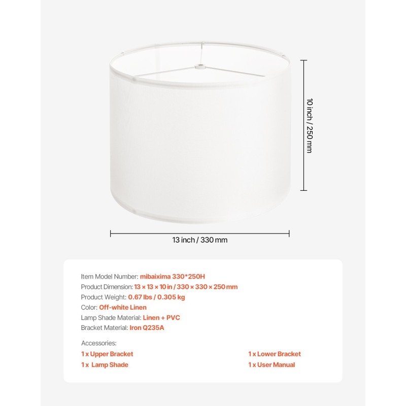 Lampunvarjostin pellavakankainen metallirunkoinen 330×330×250 mm luonnonvalkoinen pöytä-, lattia- ja riippuvalaisimiin sopiva