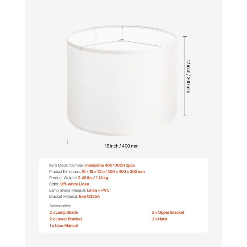 Lampunvarjostimet 2 kpl pellava-PVC rautarunko 400×400×300 mm E27-yhteensopiva